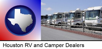 recreational vehicles at an rv dealer parking lot in Houston, TX