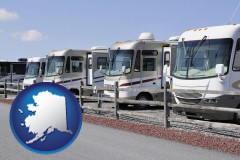 alaska map icon and recreational vehicles at an rv dealer parking lot