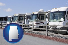 alabama map icon and recreational vehicles at an rv dealer parking lot