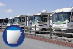 arkansas map icon and recreational vehicles at an rv dealer parking lot