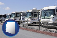 arizona map icon and recreational vehicles at an rv dealer parking lot