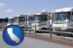 california map icon and recreational vehicles at an rv dealer parking lot