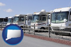 connecticut map icon and recreational vehicles at an rv dealer parking lot