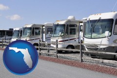 florida map icon and recreational vehicles at an rv dealer parking lot