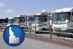 idaho map icon and recreational vehicles at an rv dealer parking lot