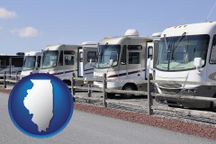 illinois map icon and recreational vehicles at an rv dealer parking lot