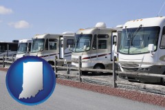 indiana map icon and recreational vehicles at an rv dealer parking lot