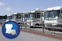 louisiana map icon and recreational vehicles at an rv dealer parking lot