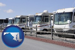 maryland map icon and recreational vehicles at an rv dealer parking lot