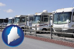 maine map icon and recreational vehicles at an rv dealer parking lot