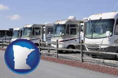 minnesota map icon and recreational vehicles at an rv dealer parking lot