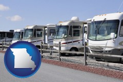 missouri map icon and recreational vehicles at an rv dealer parking lot