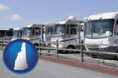 new-hampshire map icon and recreational vehicles at an rv dealer parking lot