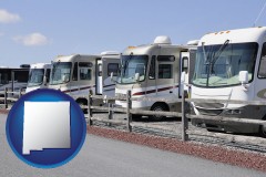 new-mexico map icon and recreational vehicles at an rv dealer parking lot
