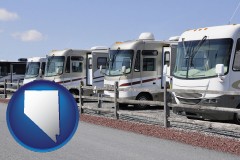 nevada map icon and recreational vehicles at an rv dealer parking lot