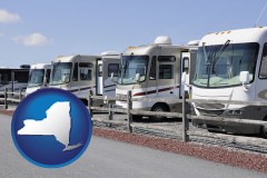 new-york map icon and recreational vehicles at an rv dealer parking lot