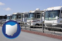 ohio map icon and recreational vehicles at an rv dealer parking lot