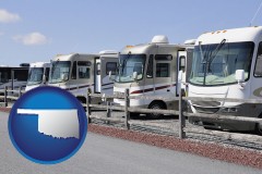 oklahoma map icon and recreational vehicles at an rv dealer parking lot
