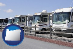oregon map icon and recreational vehicles at an rv dealer parking lot