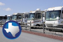 texas map icon and recreational vehicles at an rv dealer parking lot
