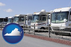 virginia map icon and recreational vehicles at an rv dealer parking lot