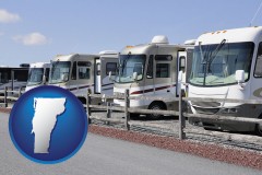 vermont map icon and recreational vehicles at an rv dealer parking lot