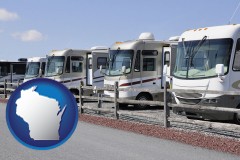 wisconsin map icon and recreational vehicles at an rv dealer parking lot
