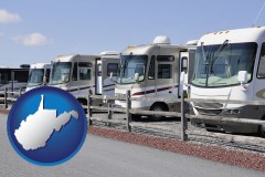 west-virginia map icon and recreational vehicles at an rv dealer parking lot
