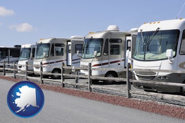 recreational vehicles at an rv dealer parking lot - with Alaska icon