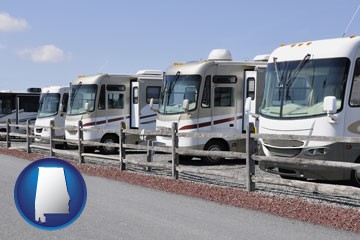 recreational vehicles at an rv dealer parking lot - with Alabama icon