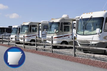 recreational vehicles at an rv dealer parking lot - with Arkansas icon