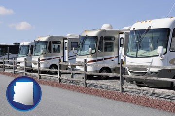recreational vehicles at an rv dealer parking lot - with Arizona icon