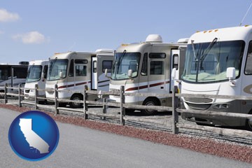 recreational vehicles at an rv dealer parking lot - with California icon