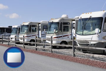 recreational vehicles at an rv dealer parking lot - with Colorado icon