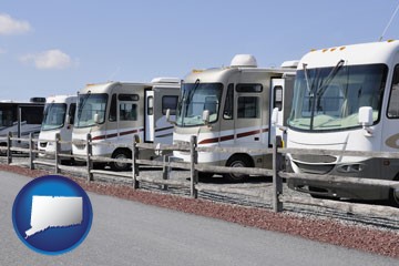 recreational vehicles at an rv dealer parking lot - with Connecticut icon