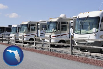recreational vehicles at an rv dealer parking lot - with Florida icon