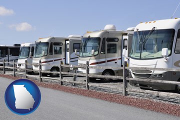 recreational vehicles at an rv dealer parking lot - with Georgia icon