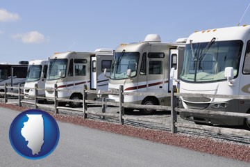 recreational vehicles at an rv dealer parking lot - with Illinois icon