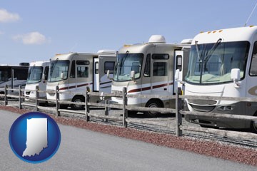 recreational vehicles at an rv dealer parking lot - with Indiana icon