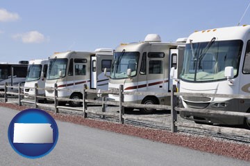 recreational vehicles at an rv dealer parking lot - with Kansas icon