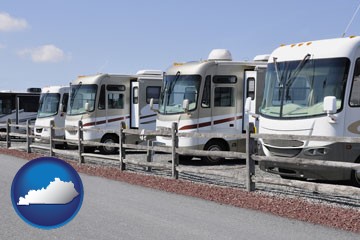 recreational vehicles at an rv dealer parking lot - with Kentucky icon