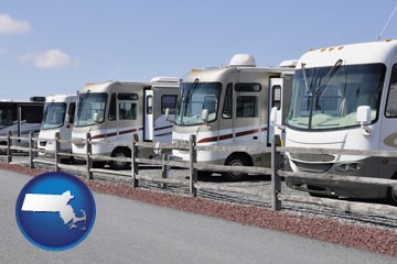 recreational vehicles at an rv dealer parking lot - with Massachusetts icon