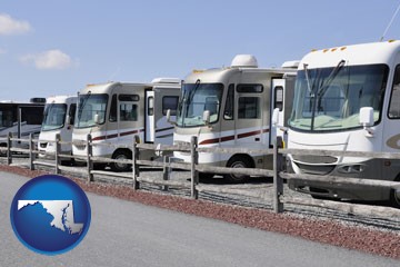 recreational vehicles at an rv dealer parking lot - with Maryland icon