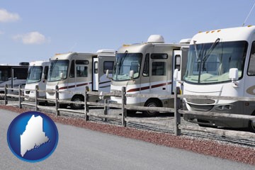 recreational vehicles at an rv dealer parking lot - with Maine icon