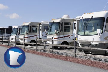 recreational vehicles at an rv dealer parking lot - with Minnesota icon