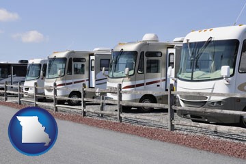 recreational vehicles at an rv dealer parking lot - with Missouri icon