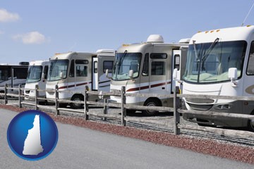 recreational vehicles at an rv dealer parking lot - with New Hampshire icon