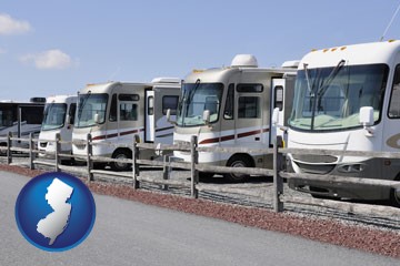 recreational vehicles at an rv dealer parking lot - with New Jersey icon