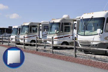 recreational vehicles at an rv dealer parking lot - with New Mexico icon