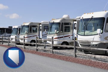 recreational vehicles at an rv dealer parking lot - with Nevada icon